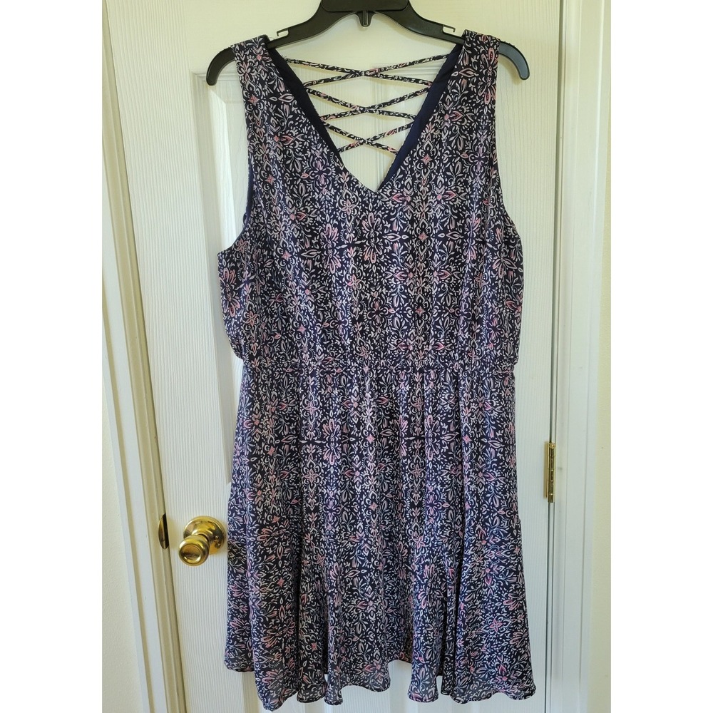 Maurices Dress XXL Blue Pink Floral Sleeveless V Neck Elastic Waist Strappy Back
